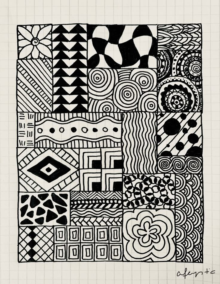 a black and white drawing with many different designs on it's side, including squares