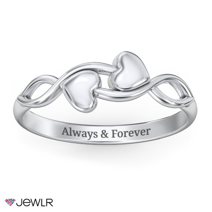 Celebrate the magic of being in love with this elegant handcrafted ring. This ring features two engravable hearts woven into an infinity-styled band. Personalize each of the hearts with an initial and design in sterling silver, white, yellow, or rose gold to create a beautiful promise ring, mother's ring, or a special gift for any occasion. Heart And Infinity, Beautiful Promise Rings, Mother's Ring, Being In Love, Mother Rings, Infinity Ring, Metal Engraving, Handcrafted Rings, Two Hearts