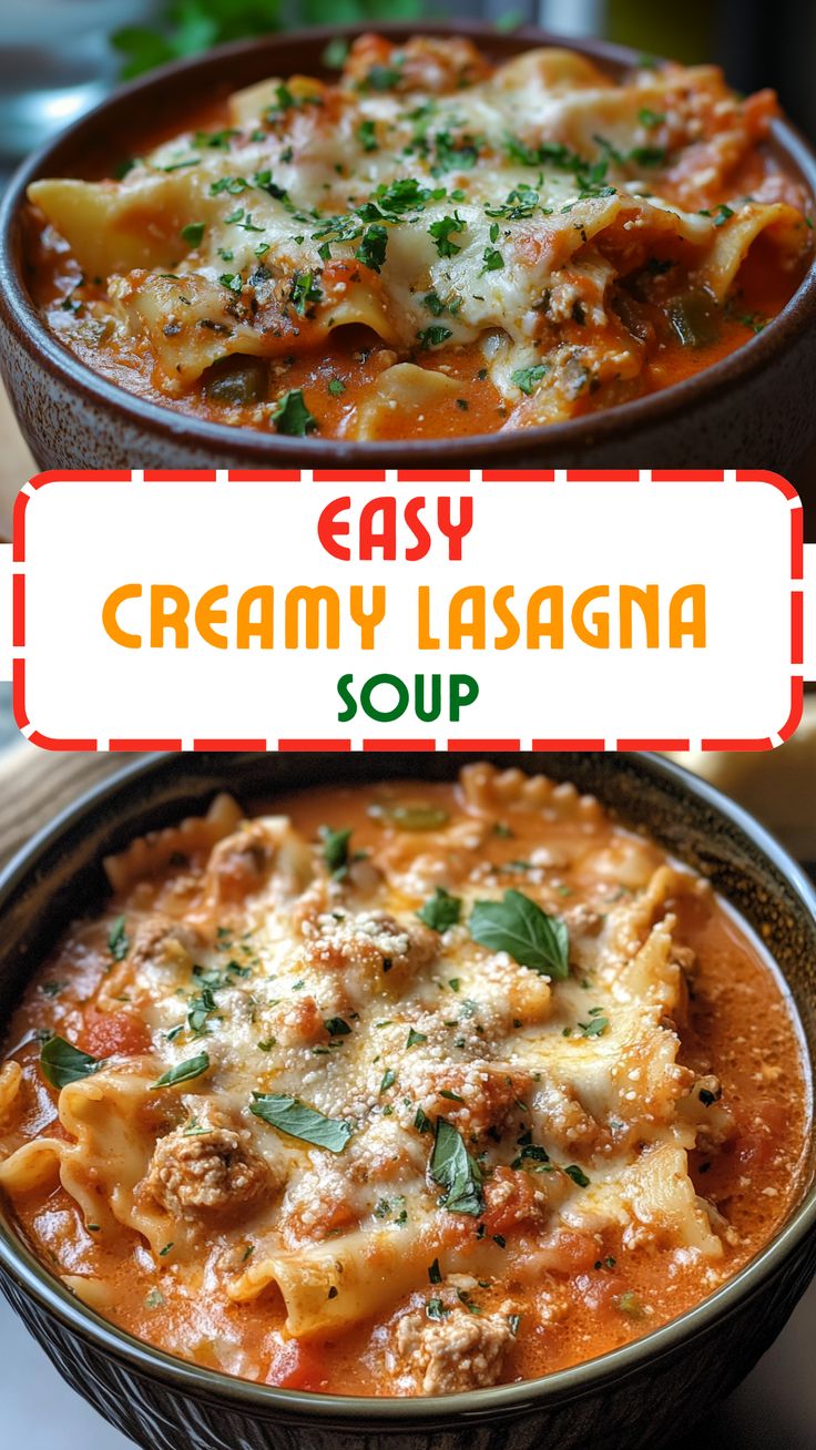 Soup Recipes: Easy Creamy Lasagna Soup Easy Creamy Lasagna Soup, Soup With Lasagna Noodles, Recipe For Lasagna Soup, Lasagna Soup Easy Ground Beef, Lasagna Soup For 2, Soups Recipes Lasagna, Lasagna Soup With Spinach, Easy Soup Ideas For Dinner, Meatball Lasagna Soup