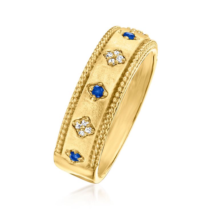 Ross-Simons - Sapphire, Diamond-Accented Roped-Edge Ring Over Sterling. Size 8. Featuring a satin band studded with rich sapphire and diamond accents inside polished roped-edge borders, this stack-ready ring gives off a lavish look for a price that is just as nice. Crafted in 18kt yellow gold over sterling silver. 1/4" wide. Sapphire and diamond-accented roped-edge ring. Sapphire birthstones are the perfect gift for September birthdays. Gold Sapphire Ring With Pave Setting, Yellow Gold Sapphire Ring With Pave Setting, Sapphire Promise Rings, Sister Rings, Sapphire Birthstone, Emerald Birthstone, Sapphire Wedding Band, Ring Sapphire, Sapphire Band