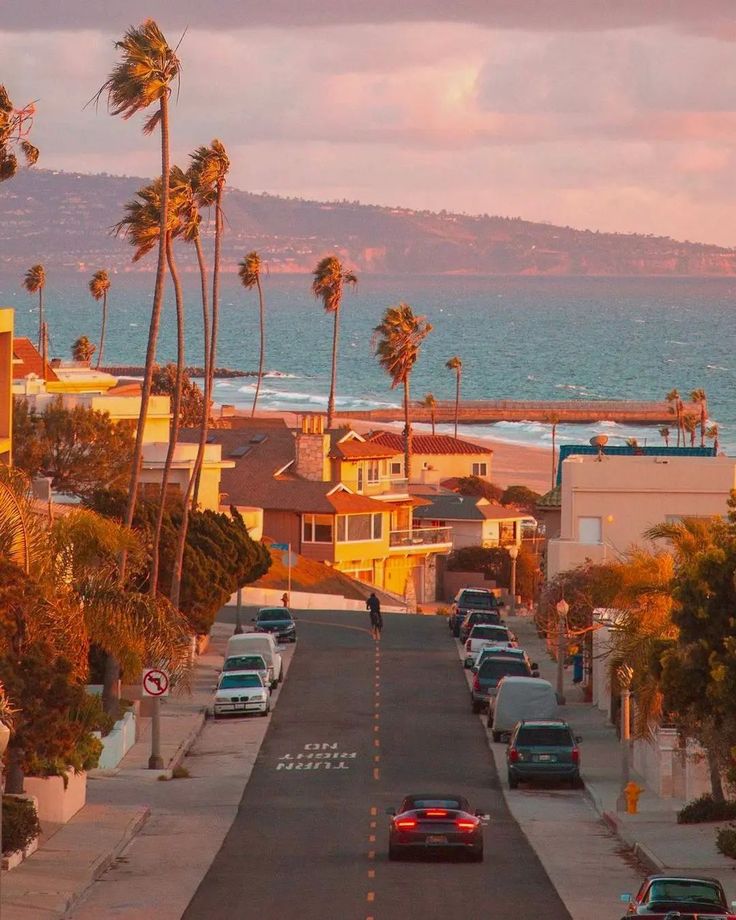 cars are parked on the side of an empty street near the ocean and palm trees