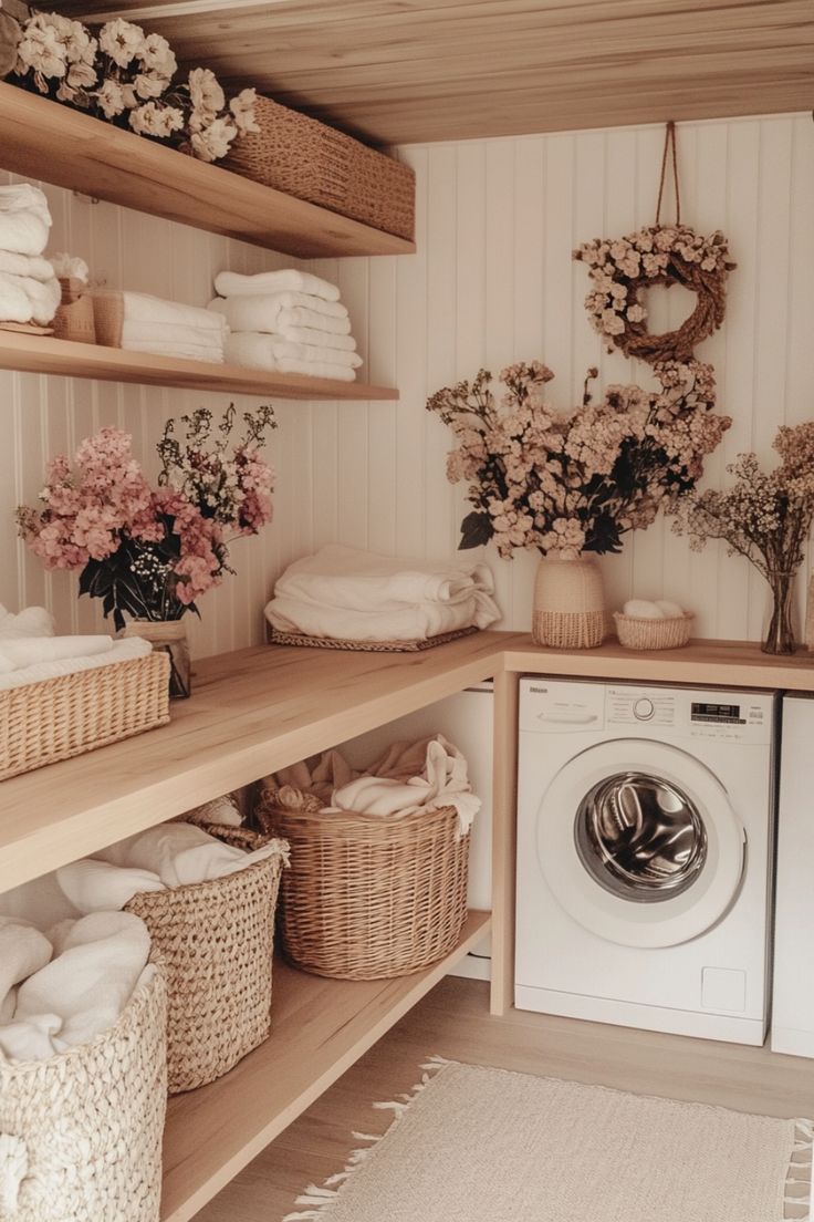 modern laundry room shelving Baskets For Laundry Room, Laundry Shelving Ideas Small Spaces, Laundry Room Boho Ideas, Small Laundry Room Entry Way, Laundry Room Open Shelving Ideas, Airbnb Laundry Room, Laundry Room Storage Ideas Shelves, Laundry Room Storage Cabinet Ideas, Smart Laundry Room Ideas