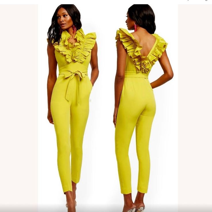 Sz S Nwt. Soft Mustard, Yellow Color. Would It Make A Perfect Spring Occasion Outfit! Chartreuse Color, Mustard Yellow Color, Occasion Outfit, Ruffle Jumpsuit, New York And Company, Jumpsuit With Sleeves, Sleeveless Jumpsuits, Mustard Yellow, Yellow Color