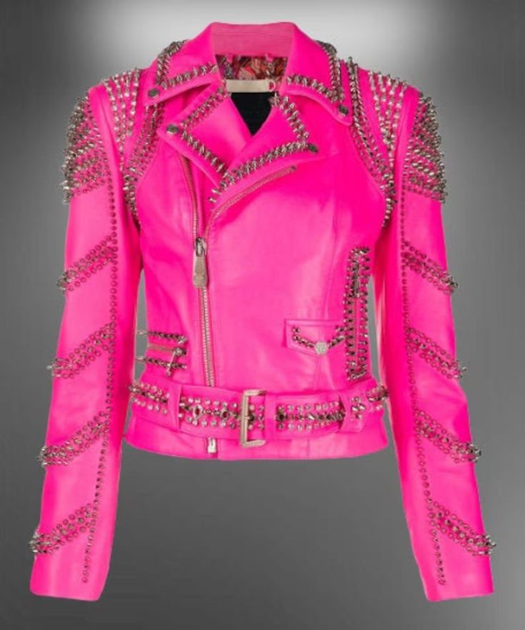 Handmade women pink punk style jacket, leather gothic rivet rock jacket, leather jacket for women, women party style jacket, leather jacket, women party style jacket, women party style jacket,women winter fashion party jacket, women winter fashion party jacket, gothic style biker jacket, studded jacket Edgy Party Outerwear With Rivets, Edgy Rivet-embellished Outerwear For Parties, Edgy Riveted Outerwear For Parties, Fitted Biker Jacket With Rivets For Party, Winter Party Biker Jacket With Rivets, Fall Party Biker Jacket With Rivets, Biker Jacket With Rivets For Party, Biker Style Jacket With Rivets For Party, Party Biker Leather Jacket With Studs