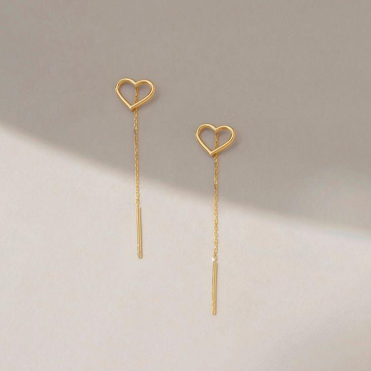 There is no better way to express your love. Find the long line that connects your heart to hers. Choose a special day to celebrate your love, whether it's a birthday, an anniversary, or simply a regular Friday. D E T A I L S * Made to Order. * 100% 14k Solid Gold * Choice of Gold Color: Yellow Gold, Rose Gold, White Gold * Chain length: 50 mm / 1.96 inch * Chain thickness: 1 mm / 0.03 inch * Charm width: 10 mm / 0.39 inch * Charm length: 8 mm / 0.31 inch * Ready to Ship in 1-3 Business Days * 1 Real Gold Earrings, Long Chain Earrings, Gold Earrings For Women, Solid Gold Chains, Heart Shaped Earrings, Threader Earrings, Handcrafted Earrings, Open Heart, Eye Necklace