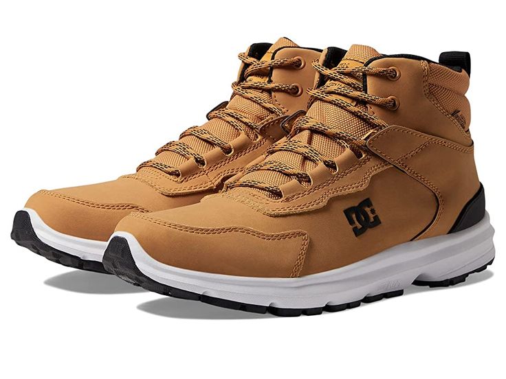 DC Mutiny WR - Men's Shoes : Wheat/Black : Designed for an amped-up urban look and enhanced comfort, the water-resistant DC Mutiny WR boots will be your go-to wear. Leather and textile upper. Textile lining and insole. Lace-up closure. Round toe with toe bumper. Contrasting sole. Pull tab on the back. Branding detail on the upper and heel counter. Rubber outsole with treads offers enhanced traction and grip. Imported. Measurements: Weight: 14 oz Shaft: 5 in Product measurements were taken using Sports Work Boots With Reinforced Toe And Lace-up, Dc Boots, High Top Dc Shoes, Brown Casual Boots, Dc Shoes Pure, Timberland Leather Impact-resistant Work Boots, Urban Looks, Pull Tab, Casual Boots