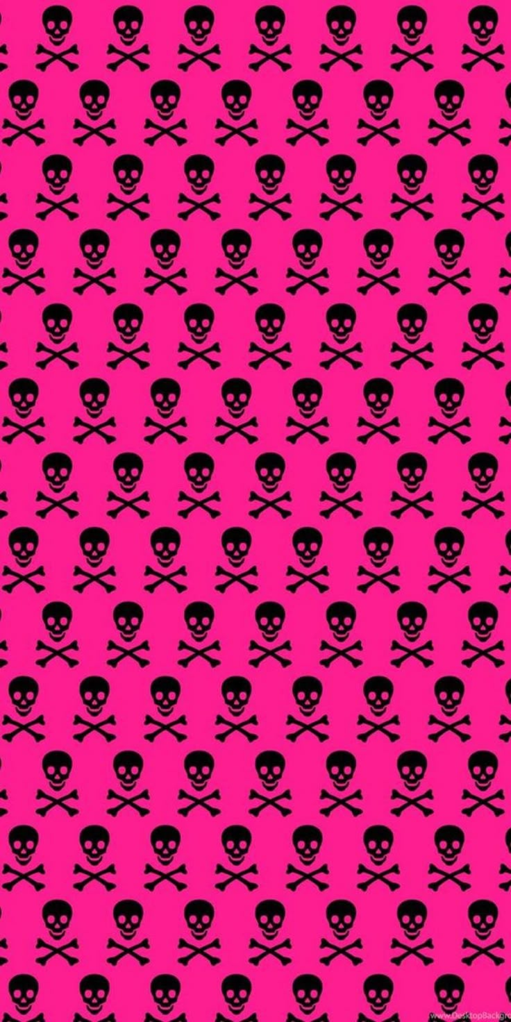 a pink background with black skulls and crossbones