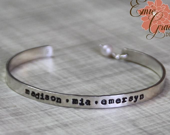 Sterling Silver Bangles w/ Stamped Spinner Ring Mothers Names | Etsy Adjustable Stackable Sterling Silver Bracelet For Anniversary, Personalized Silver Bangle For Mother's Day, Sterling Silver Hand Stamped Name Bracelet For Everyday, Sterling Silver Stamped Bangle For Wedding, Stamped Sterling Silver Bangle For Wedding, Silver Hand Stamped Bangle, Anniversary Sterling Silver Nickel-free Cuff Bracelet, Silver Stackable Name Bracelet For Everyday, Personalized Silver Sterling Bangle