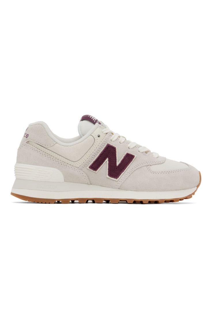 White & Burgundy 574 Sneakers by New Balance on Sale Cream Suede Sneakers For Streetwear, New Balance Suede Sneakers With Contrast Sole, Sporty Suede New Balance Sneakers, New Balance Suede Sneakers With Cushioned Footbed, New Balance Cream Sneakers With Contrast Sole, White Mid-top Suede Sneakers, White Suede Mid-top Sneakers, New Balance Cream Sneakers With Cushioned Footbed, Cream New Balance Sneakers With Cushioned Footbed