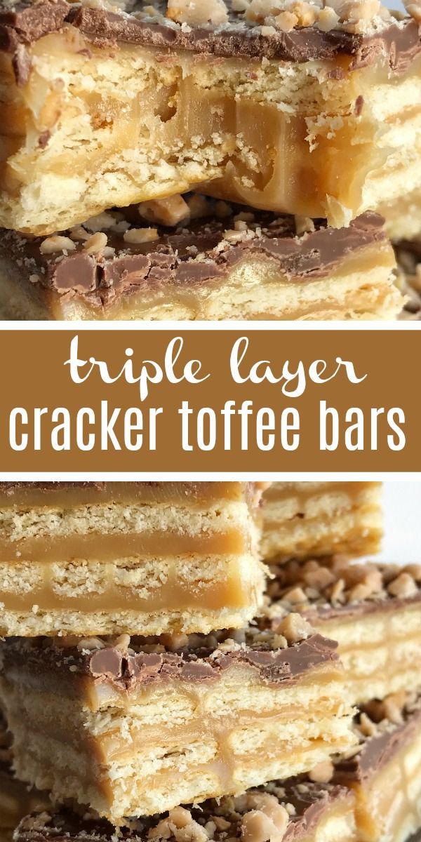 triple layer cracker toffe bars stacked on top of each other with text overlay