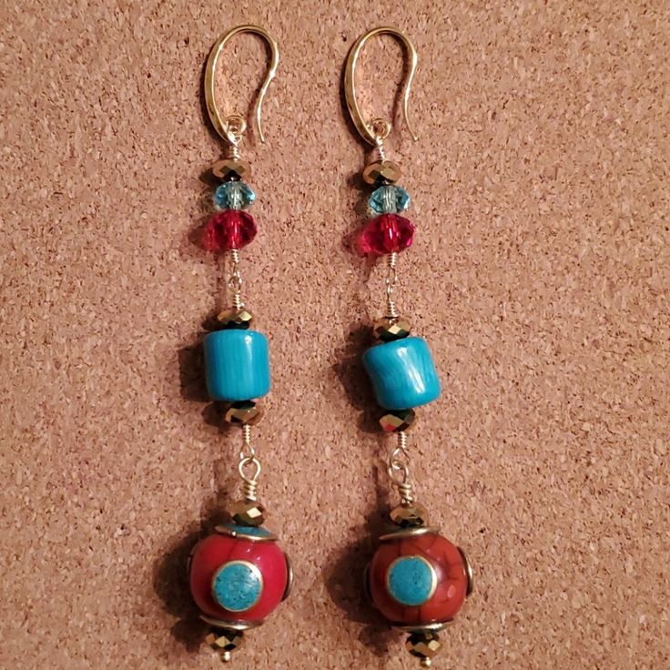 Hand Made By Shannon Red Bali Beads And Tourquoise Colored Coral With Crystal Beads On Gold Filled Wire And Gold Colored Ear Hooks 3 3/4 Inches Long Made On 8/30/2020 Turquoise Large Beads Drop Earrings, Turquoise Drop Earrings With Large Beads, Red Czech Glass Beaded Earrings With Dangling Beads, Turquoise Earrings With Large Beads For Gifts, Turquoise Dangle Earrings With Large Beads, Adjustable Red Czech Glass Beaded Earrings, Red Beaded Czech Glass Earrings, Red Czech Glass Earrings With Dangling Beads, Beaded Boho Jewelry