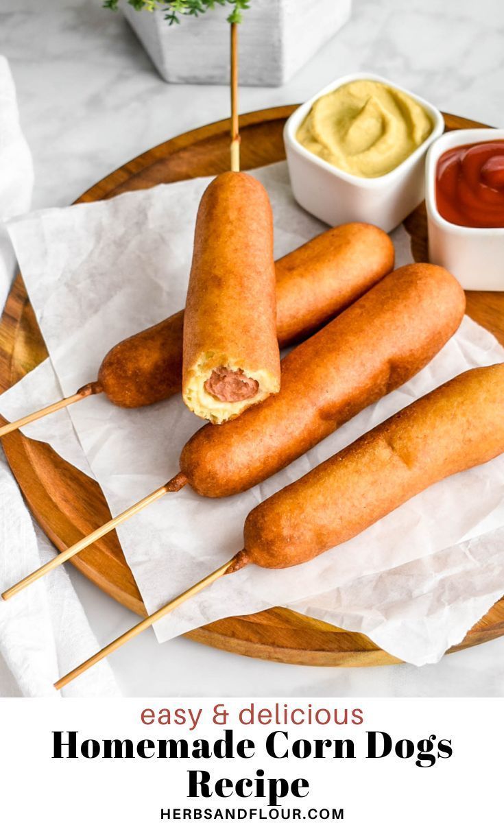 homemade corn dogs with ketchup, mustard and mayonnaise on a plate