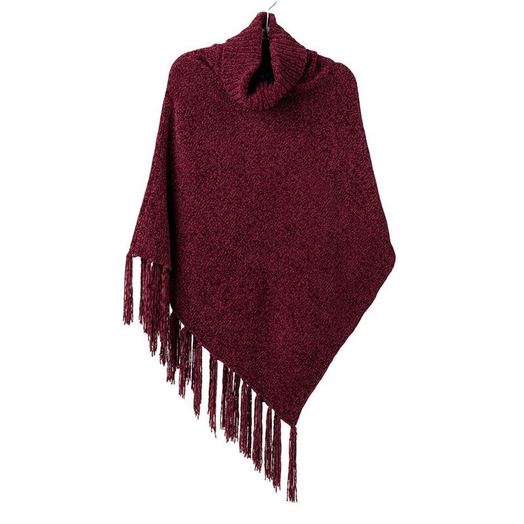 From restaurants to outdoor events to airplane travel, this cowl neck poncho is just the ticket for cozy comfort when on the go. Made of super-soft burgundy chenille fabric with a flattering drape and asymmetrical fringe along one side, this stylish poncho in a one-size-fits-all design is the perfect addition to any ensemble. Britt's Knits poncho makes a chic yet cozy winter weather gift for mom, friend, sister and more. | Britt's Knits wine cowl neck poncho features soft chenille fabric and fri Asymmetrical Fringe, Cowl Neck Poncho, Mom Friend, Classic Cardigan, Airplane Travel, Knitted Poncho, Scarf Hat, Chenille Fabric, Winter Weather