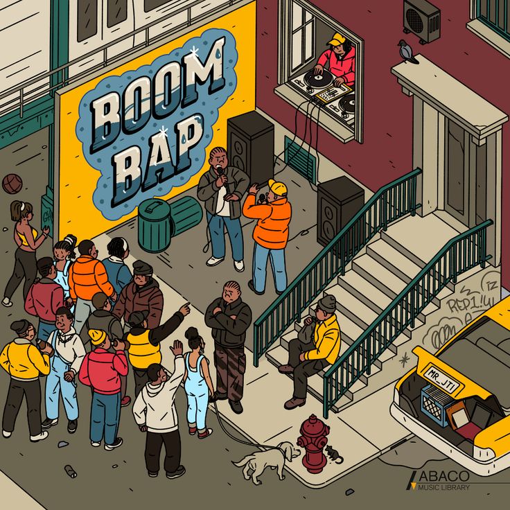 an illustration of people standing in front of a room bar on a city street with stairs