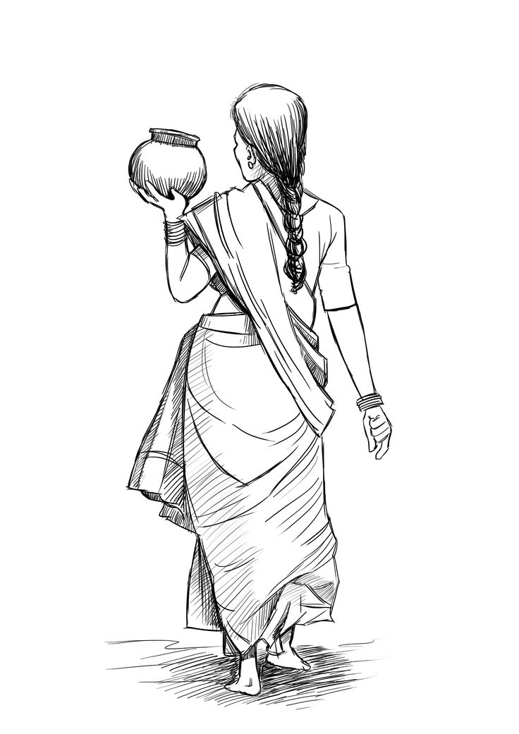 a black and white drawing of a woman carrying a pot on her head with one hand