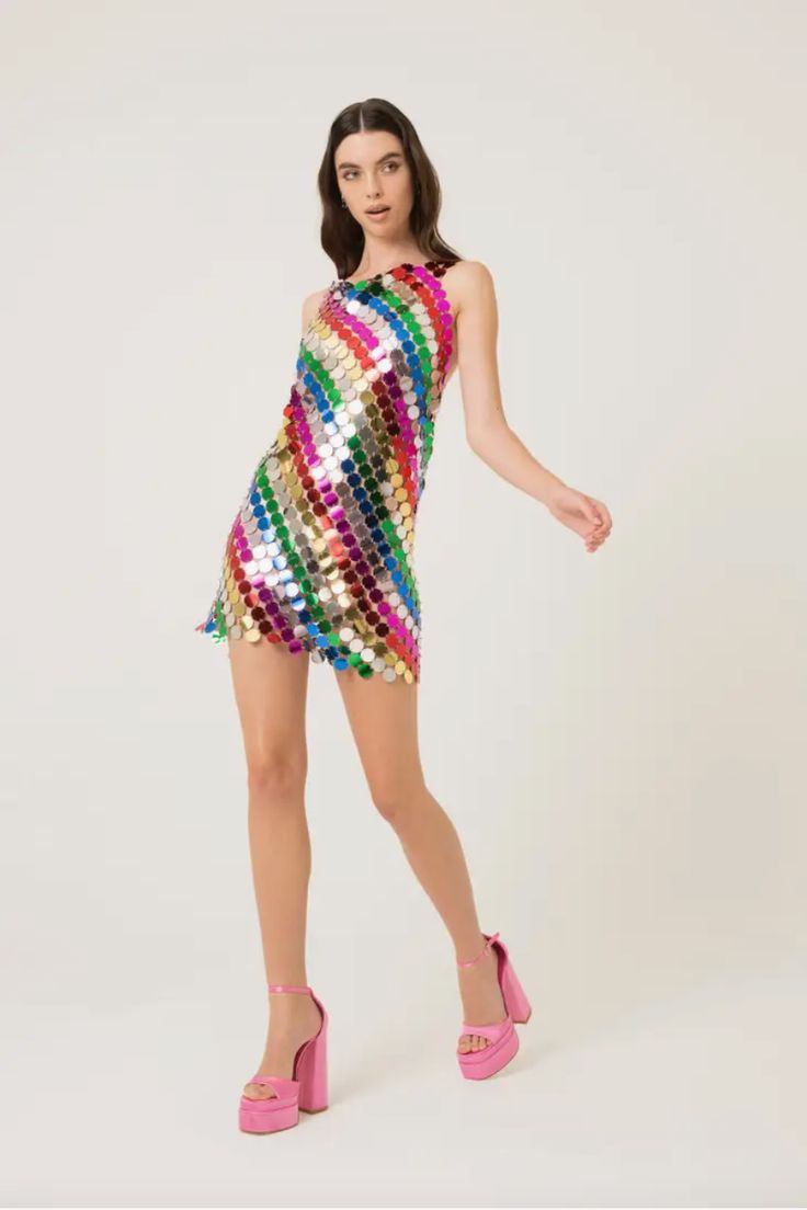 Spring Disco Sequin Dress, Iridescent Mini Dress For Summer, Metallic Sequin Disco Dress For Summer, Summer Iridescent Mini Dress, Metallic Disco Sequin Dress For Summer, Iridescent Summer Mini Dress, Metallic Sleeveless Sequin Disco Dress, Spring Disco Mini Dress With Sequins, Summer Disco Sequin Mini Dress