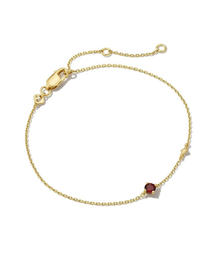 Meet this delicate and dainty layer that’s sure to delight. The Maisie 18k Gold Vermeil Delicate Chain Bracelet in Red Garnet is our most minimal birthstone style, perfect for personalizing your look with elevated materials. Speaking of personalization, this bracelet features an adjustable closure for a custom fit. Known as the “rose stone," Garnet represents January birthdays, inspiring love, kindness, and compassion. Metal 18k Yellow Gold Vermeil What is Vermeil? Vermeil (that’s pronounced ver Gold And Red Bracelet, Dainty Bracelets Gold, Red Stone Jewelry, Kindness And Compassion, Orange Citrine, Gold Bracelet Simple, Bracelet Stacks, Rose Stone, Dainty Gold Bracelet