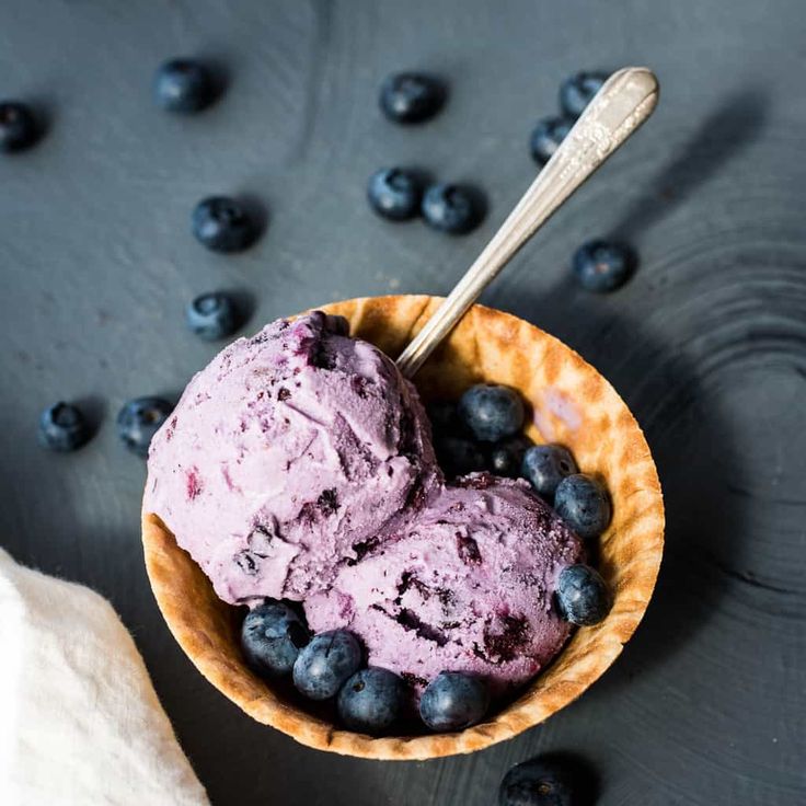 two scoops of blueberry ice cream in a bowl