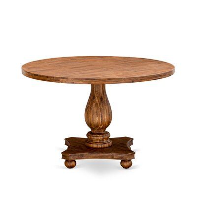 a round wooden table with two legs and an oval wood top, on a white background