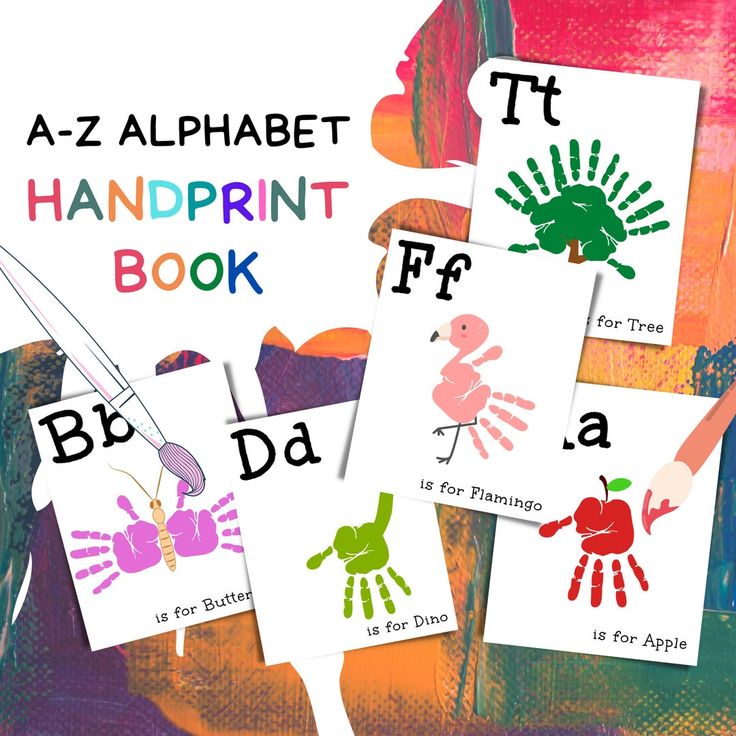 four different handprint books with pictures of hands and letters on the front, one is for