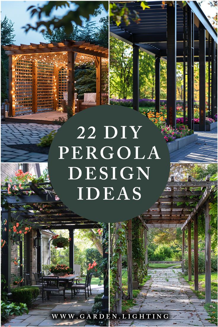 a collage of photos of pergola designs and patio lighting Pagola Ideas Pergolas Outdoor Spaces, Outdoor Patio With Pergola Ideas, Outdoor Pergola Roof Ideas, Garden Pagoda Ideas Pergolas Patio, Long Pergola Ideas, Detached Patio Ideas Backyards, Custom Pergola Design, Pergola Decoration Ideas, Pergola Designs Modern