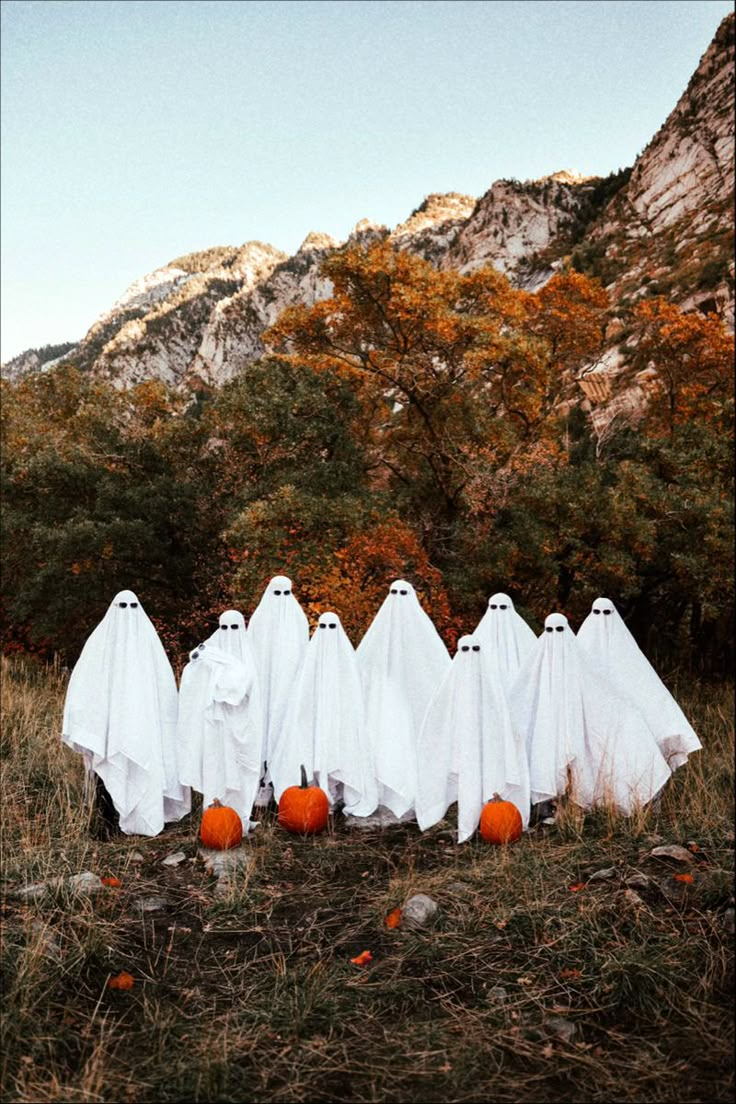 five ghost - like figures are lined up in the grass with pumpkins on them