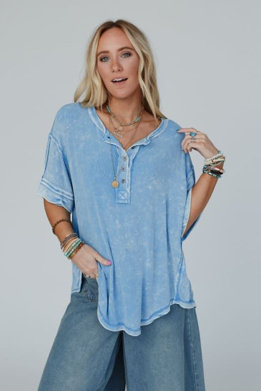 Time Flies Round Hem Top - Gray | Three Bird Nest Bohemian Crew Neck Washed Tops, Bohemian Washed Crew Neck Tops, Bohemian Soft-washed Relaxed Fit Top, Bohemian Soft-washed Relaxed Top, Bohemian Soft-washed Cotton Tops, Bohemian Distressed Cotton Tops, Distressed Cotton Bohemian Tops, Casual Washed Blue Tops With Frayed Hem, Bohemian Cotton Tops In Medium Wash