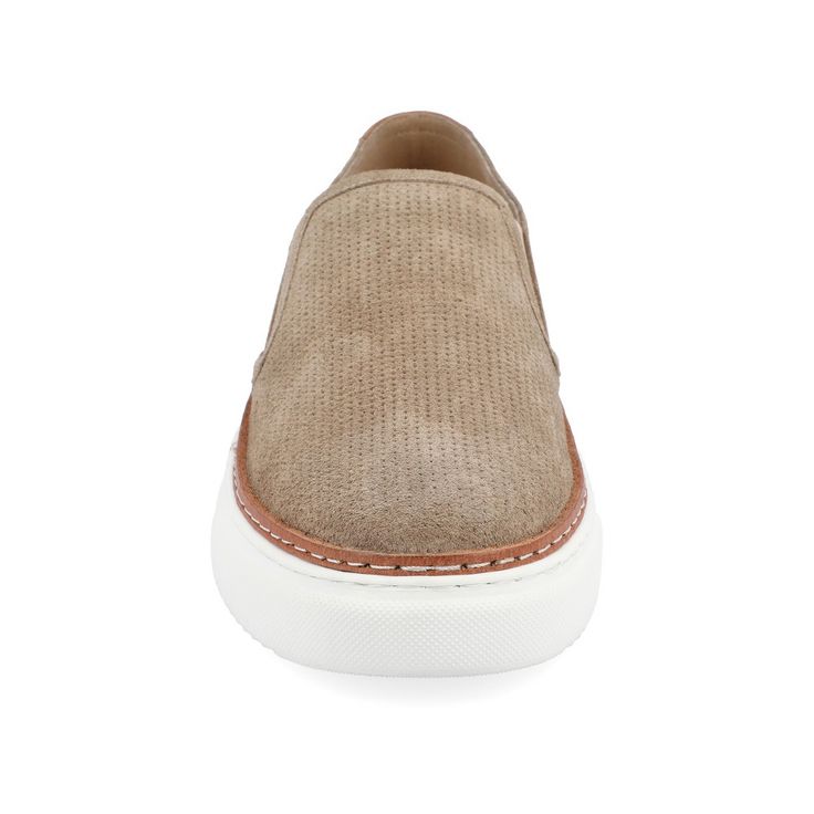 Slip your foot into this Tillman casual sneaker from Thomas & Vine and up your fashion game. A 12 mm Tru Comfort Foam� insole genuine suede and cushioned collar tongue shape the look so you can walk around all day pain-free. With their perforated pattern and leather welt you'll end your look off the right note. Modern Suede Slip-ons With Cushioned Footbed, Casual Leather Slip-on Sneakers For Walking, Beige Suede Sneakers With Perforated Toe Box, Casual Leather Slip-ons For Streetwear, Slip-on Sneakers With Stitched Sole And Round Toe, Suede Slip-ons With Rubber Sole, Casual Leather Slip-ons With Textured Sole, Casual Beige Plain Toe Sneakers, Low-top Suede Slip-ons With Rubber Sole