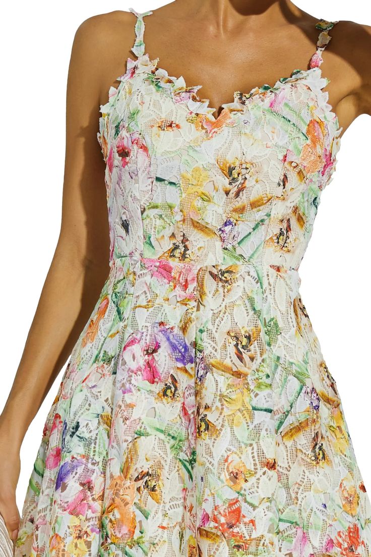 Chic Spring Floral Embroidered Dress, Chic Floral Embroidered Dress For Spring, Chic Spring Floral Dress With Embroidery, Chic Floral Embroidery Dress For Spring, Spring Lace Mini Dress With Lining, Spring Lace Mini Dress Lined, Feminine Sleeveless Mini Dress With Floral Embroidery, Feminine Mini Dress With Lace Patchwork For Spring, Summer Lace Dresses With Floral Print