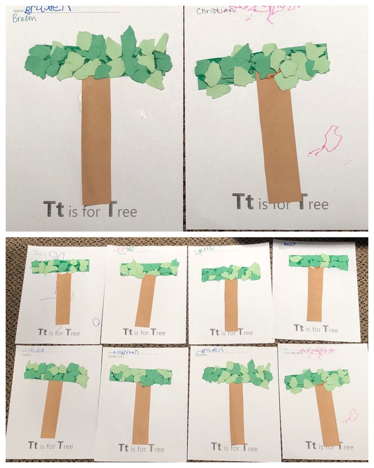 four pictures of trees made out of paper with the words t is for tree on them