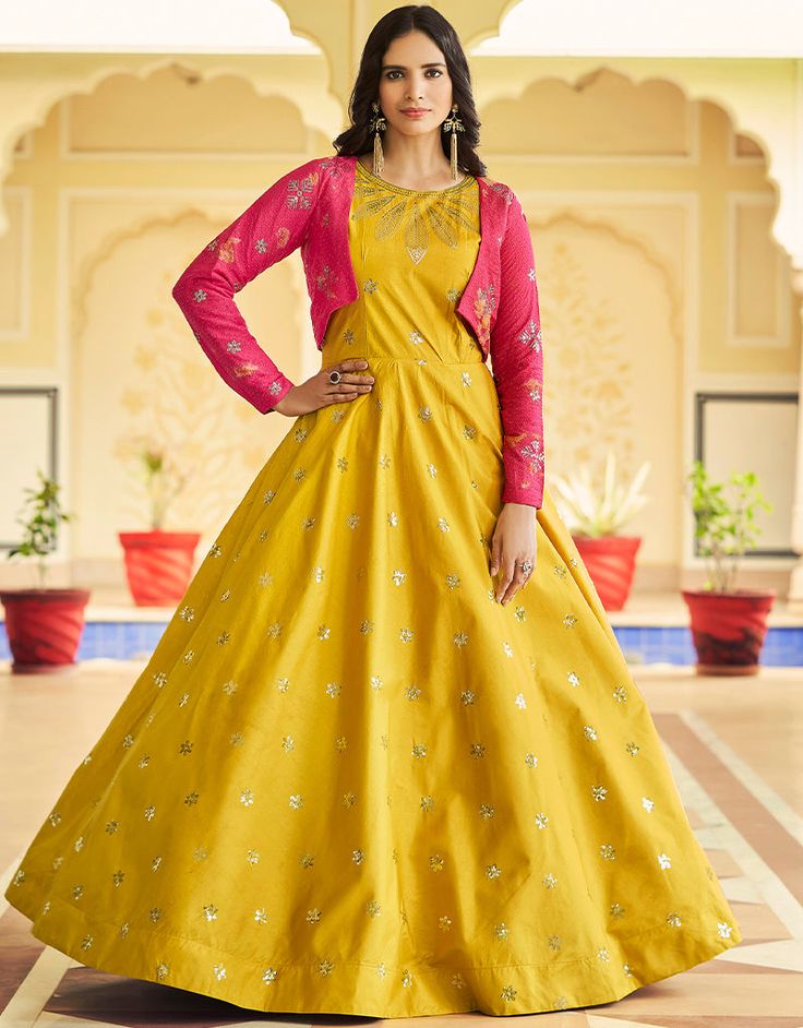 Traditional Function Wear Gown Collection Yellow Cotton Gown Front View Full Sleeve Gowns, Gown With Jacket, Haldi Function, Indo Western Gown, Party Gown Dress, Rani Pink, Yellow Gown, Party Wear Gown, Cotton Gowns