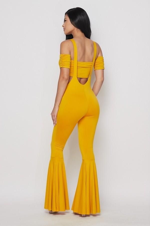 yellow gold tie up bandeau top and high waist flare leg jumpsuit Chic Two-piece Jumpsuit And Romper Set For Spring, Chic Two-piece Jumpsuit And Rompers For Spring, Trendy Stretch Wide Leg Jumpsuits And Rompers, Fitted Wide Leg Jumpsuit For Spring, Spring Party Overalls, Fitted Wide Leg Strapless Jumpsuit For Spring, Fitted Strapless Wide Leg Jumpsuit For Spring, Spring Stretch Wide-leg Jumpsuits And Rompers, Two-piece Jumpsuits And Rompers For Summer Party