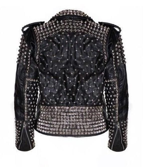 motorcycle Gothic rock spiked Studded Jacket made with 100 % Genuine Top Quality Cowhide LeatherMulti cor StuddedHigh-Quality Studs. Each securely added by handCropped, Vintage - Inspired / Moto / Fit0.9 to 1.0 MM Cowhide Leather usedSoft Black Real LeatherAll sizes AvailableMake sure to Look at the size chart below before selecting your size. Fall Biker Jacket With Spikes And Long Sleeves, Fall Leather Jacket With Spikes And Long Sleeves, Fall Long Sleeve Biker Jacket With Spikes, Edgy Leather Jacket With Spikes, Winter Biker Jacket With Spikes And Long Sleeves, Long Sleeve Leather Jacket With Spikes For Streetwear, Edgy Long Sleeve Leather Jacket With Spikes, Fitted Long Sleeve Biker Jacket With Spikes, Biker Jacket With Spikes And Long Sleeves