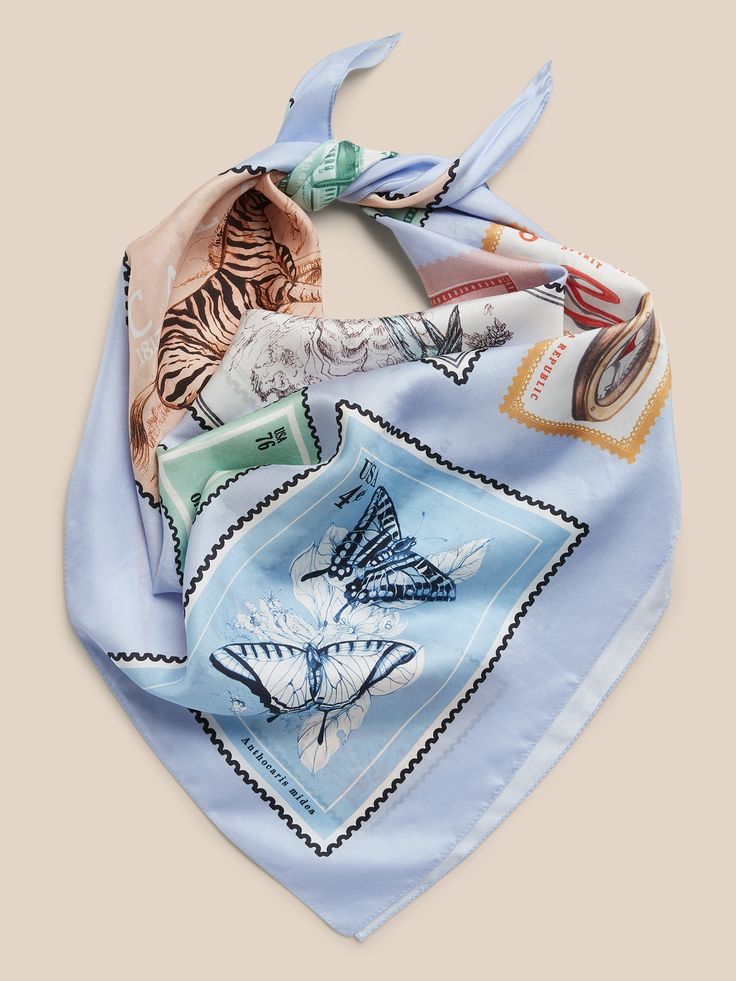 Accent your look with this large square scarf, made with luxuriously soft silk.  Length: 30" (76cm) Width: 30" (76cm) Silk Scarf Fashion, Large Square Scarf, Butterfly Stamp, Silk Bandana, Silk Square Scarf, Printed Scarf, Scarf Fashion, Vintage Silk Scarf, Vintage Postage