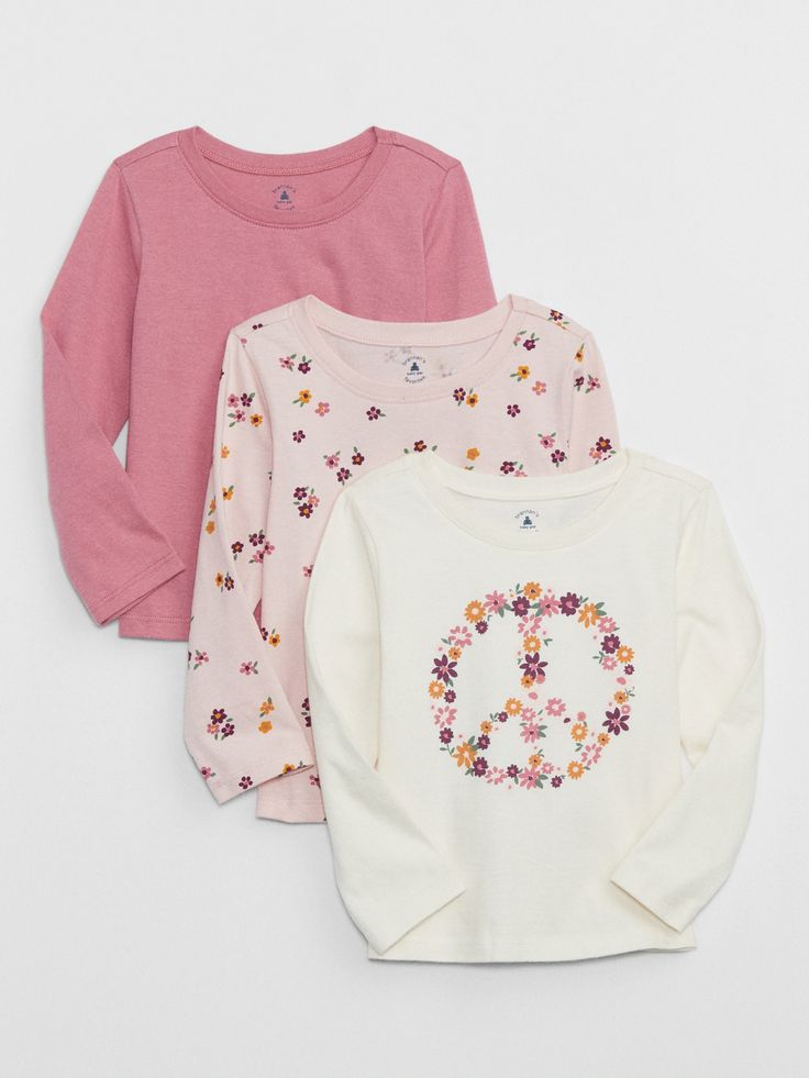 babyGap T-Shirt (3-Pack) | Gap Factory Casual Long Sleeve Graphic T-shirt, Casual Printed T-shirt For Fall, Casual Printed Fall T-shirt, Crew Neck Printed Tops For Fall, Cotton Crew Neck Tops With Front Print, Spring Long Sleeve Graphic T-shirt, Relaxed Fit Patterned Tops For Fall, Patterned All Over Print T-shirt For Spring, Patterned Relaxed Fit Top For Fall