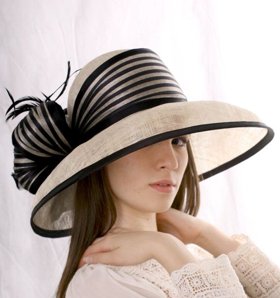 Ivory with black Ascot extra wide brim by IrinaSardarevaHats Elegant Summer Fedora With High Crown, Chic Short Brim Fedora For Kentucky Derby, Chic Brimmed Fedora For Kentucky Derby, High Crown Fascinator For Royal Ascot, Classic Evening Straw Hat With Short Brim, Elegant High Crown Straw Hat For Beach, Elegant Cream Wide Brim Fedora, Chic Fitted Wide Brim Costume Hats, Chic Wide Brim Costume Hats