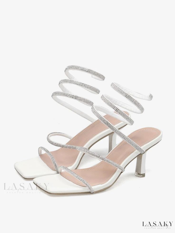 Lasaky - Elegant White High Heeled Square Toe Sandals adorned with Rhinestones - Perfect for Sophisticated Parties Elegant Crystal Heels For Summer, Elegant Crystal Sandals For Spring, Crystal Open Toe Heels For Summer, Crystal Heels For Summer Evenings, Crystal Heels For Summer Evening, Crystal High Heel Shoes For Spring, Summer Crystal Heels With Rhinestones, Elegant Crystal Sandals For Formal Occasions, Bedazzled Evening Sandals For Spring