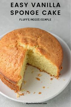 an easy vanilla sponge cake on a white plate