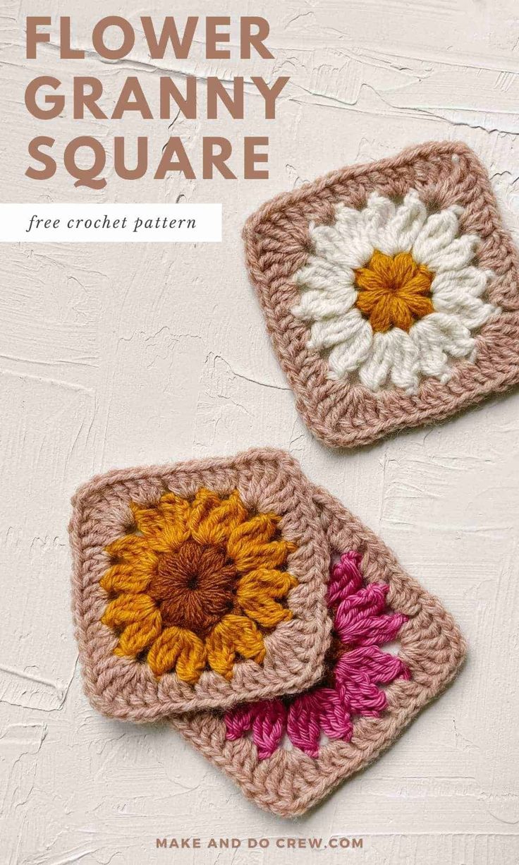 two crocheted squares with flowers on them and the text, flower granny square free crochet pattern