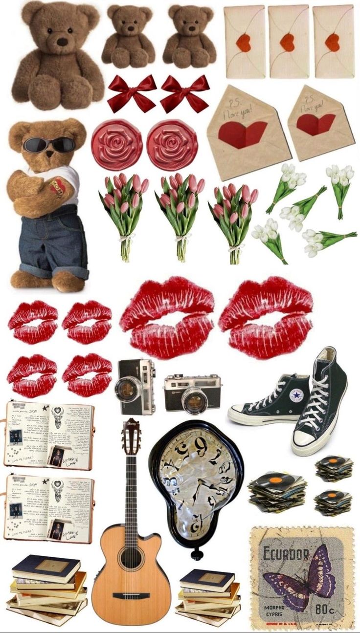 an assortment of items that include a teddy bear, books, flowers and other things