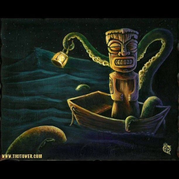 a painting of an octopus attacking a boat with a light on it's head