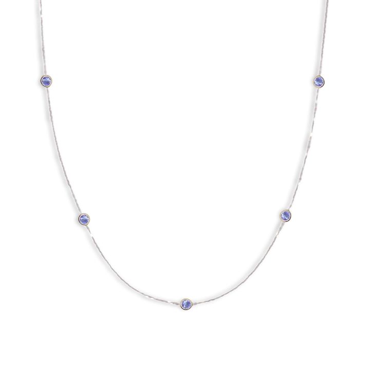 Material: 14k solid white gold (not gold plated or gold filled) Main Stone: Sapphire Main Stone Color: Blue Main Stone Shape: Round Main Stone Creation: Natural Stone Size: 3mm Length: 18 Inches Carat Weight: 0.75 Carats Sterling Silver Single Strand Jewelry With Round Cut, Classic Tanzanite Necklace With Diamond Cut, Classic Tanzanite Necklaces With Diamond Cut, Sterling Silver Single Strand Jewelry For Anniversary, Classic White Gold Tanzanite Jewelry, Silver Tanzanite Round Jewelry, Sterling Silver Single Strand Necklace With Round Cut, Round White Gold Channel Set Necklace, Silver Tanzanite Necklace Fine Jewelry