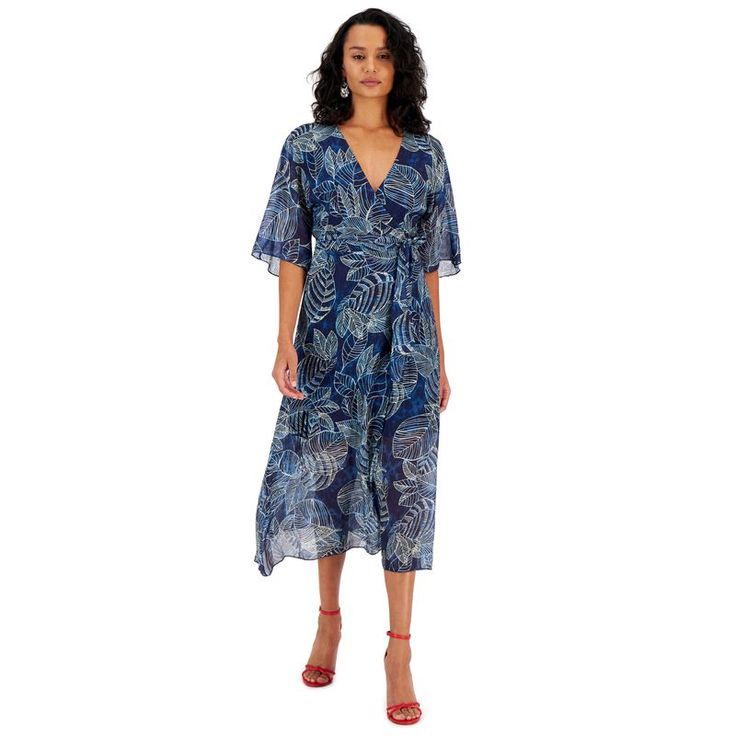 Featuring A Gorgeous Tropical Floral Print, This Wrap Dress From Guess Is Finished With A Waist-Tie Belt And Kimono Sleeves. Approx. Model Height Is 5'10" And She Is Wearing A Size Small Surplice Neckline Kimono Sleeves Wrap Design; Self-Tie Belt At Waist Lined Viscose/Polyamide; Lining: Polyester Hand Wash Imported Elegant Beach Wrap Dress With Tie Waist, Elegant Wrap Dress With Tie Waist For Beach, Summer Silk Wrap Dress With Tie Waist, Silk Wrap Dress With Tie Waist For Summer, Silk V-neck Maxi Dress With Tie Waist, Elegant Flowy Wrap Dress For Vacation, Summer Silk Wrap Dress With Surplice Neckline, Elegant Midi Wrap Dress For Beach, Elegant Short Sleeve Wrap Dress For Beach