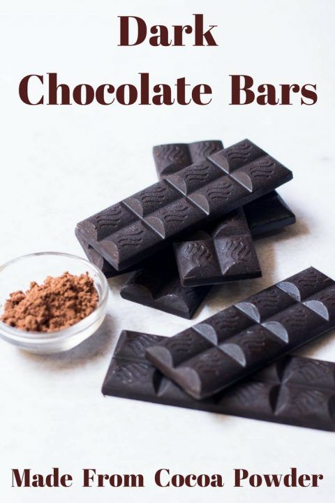 dark chocolate bars with cocoa powder on the side and text overlay that reads made from cocoa powder