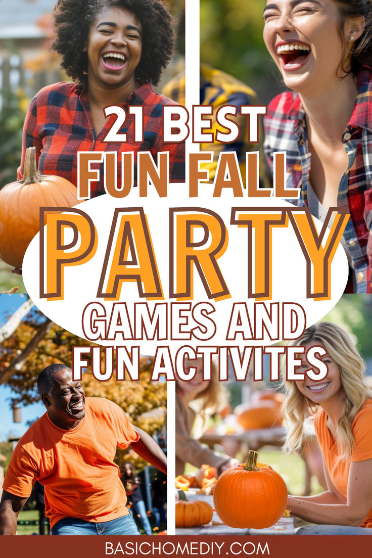 some people are laughing and having fun in the park with text overlay that reads 21 best fun fall party games and fun activities