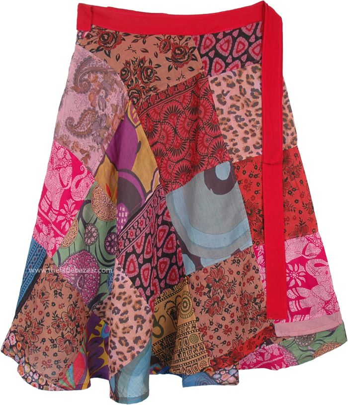 A cool summer skirt with a wrap that fits with a forever-bohemian style wrap around waist and a slight feminine flair, this is a multicolored skirt with red, orange and blue being the prominent shades.  The skirt is made up of assorted floral printed square cut patches, giving it a free-spirited gypsy look. #tlb #WrapAroundSkirt #Patchwork #JuniorPetite #Misses #Floral #Printed #Handmade Multicolor Bohemian Wrap Skirt For Vacation, Bohemian Multicolor Wrap Skirt For Vacation, Bohemian Multicolor Wrap Skirt For Beach, Multicolor Lined Wrap Skirt, Flowy Multicolor Lined Wrap Skirt, Hippie Mini Wrap Skirt For Summer, Hippie Style Mini Wrap Skirt For Summer, Bohemian Mini Wrap Skirt For Summer, Hippie Style Summer Mini Wrap Skirt