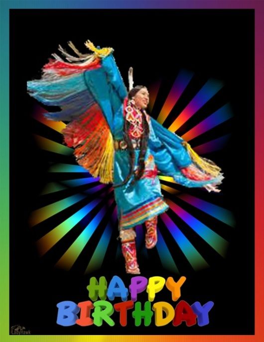 an image of a happy birthday card with a woman in colorful dress and feathers on her head