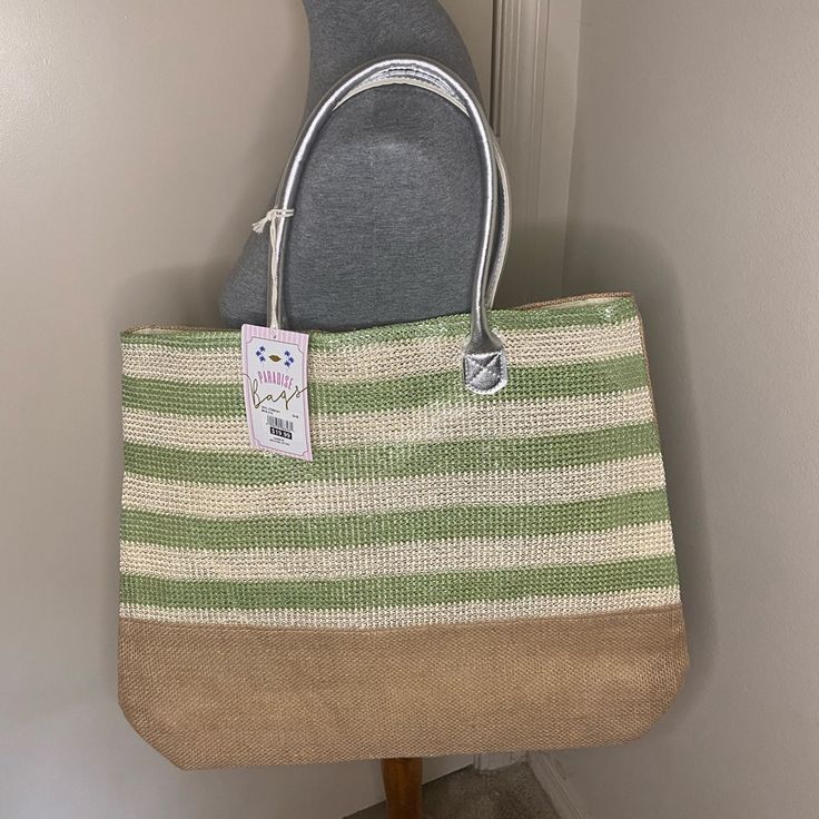 Bogo 1/2 Off!!!! Buy 1 Summer Beach Bag And Get The Second 1 1/2 Off. Just Add 2+ To Your Bundle. Fun Brand New Summer/Beach/Catch-All Bag Small Inside Pocket Sassy Silver Handle Summer Everyday Khaki Straw Bag, Everyday Khaki Straw Bag For Summer, Rectangular Khaki Beach Bag For Summer, Trendy Khaki Shoulder Bag For Beach, Casual Khaki Tote Beach Bag, Green Beach Bag For Beach Season, Green Beach Bags For Spring, Khaki Rectangular Beach Bag For Vacation, Khaki Straw Beach Bag Tote