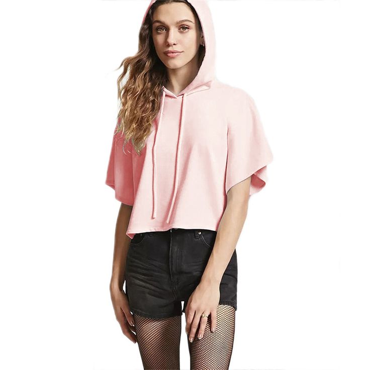 Pink Short Hoodie with Hat Short Hoodie, Buy Hoodies, Girls Crop Tops, Hoodie For Women, Crop Top Casual, Short Sleeve Hoodie, Hooded Top, Swimsuits High Waisted, Short Sleeve Cropped Top