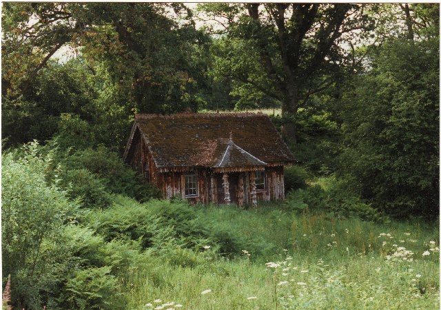 an old house in the middle of some tall grass and trees with weeds growing around it